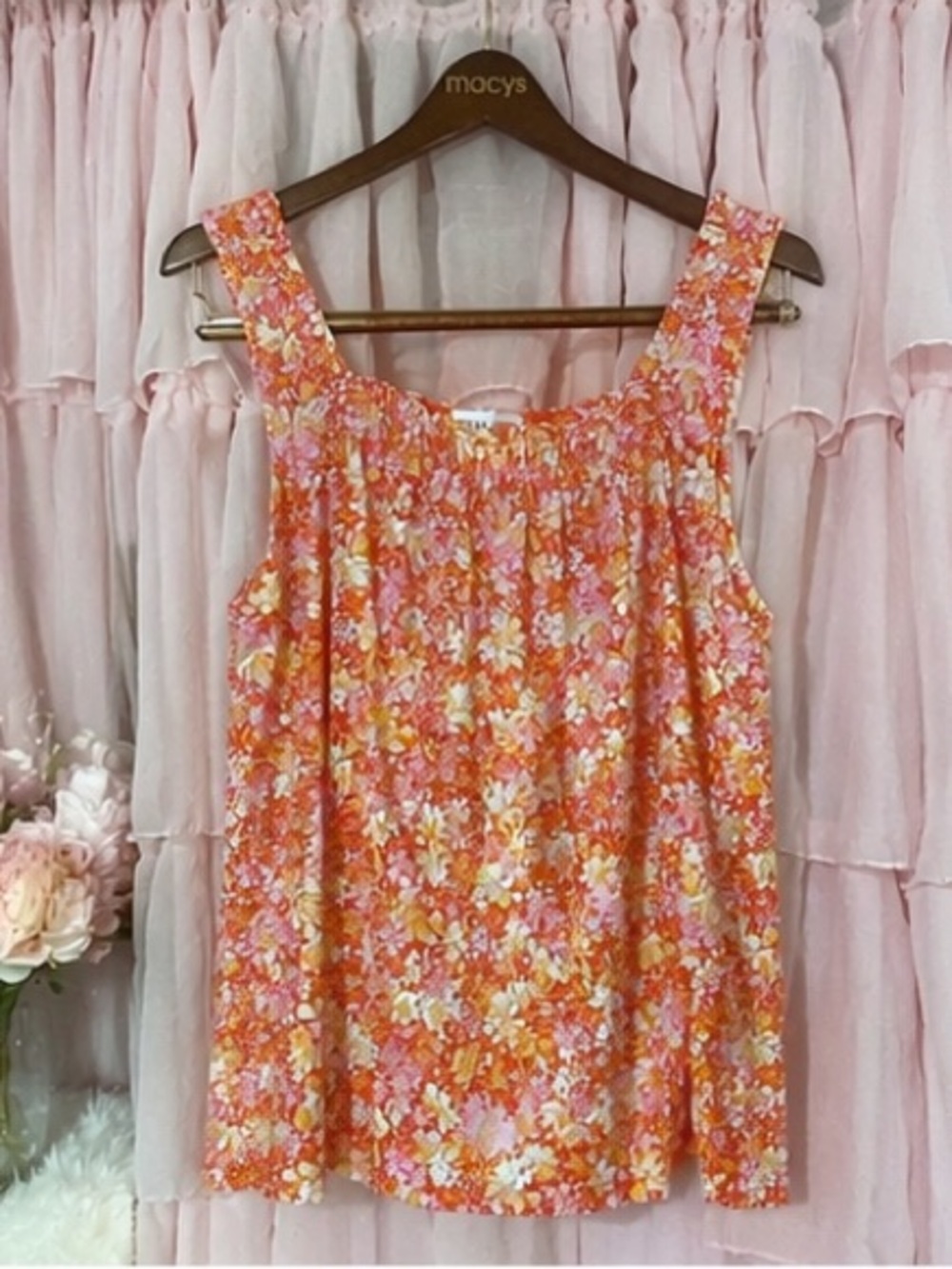 NWT Gilly Orange Floral Sleeveless Tank Top with Pink & Yellow Blossoms
